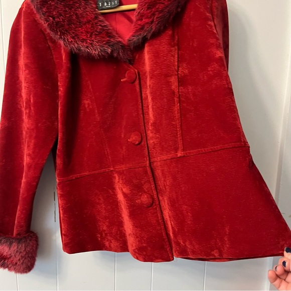 Vintage 2 Best USA Velvet Faux Fur Jacket Red Button Pin Up Goth Burlesque Retro - Picture 7 of 12